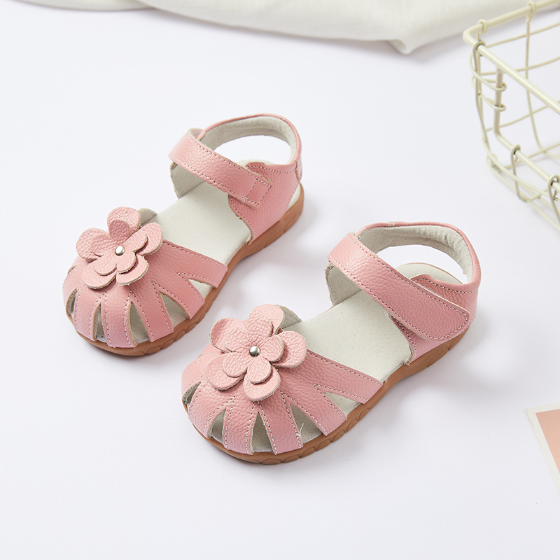 Genuine Leather little Kids Sandals Floral ankle strap Baby Girls' Sandals