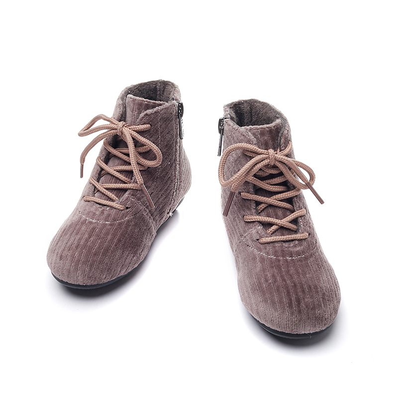 Lace up corduroy velvet soft kid girls boots zip up closure fluffy comfy kid winter shoes