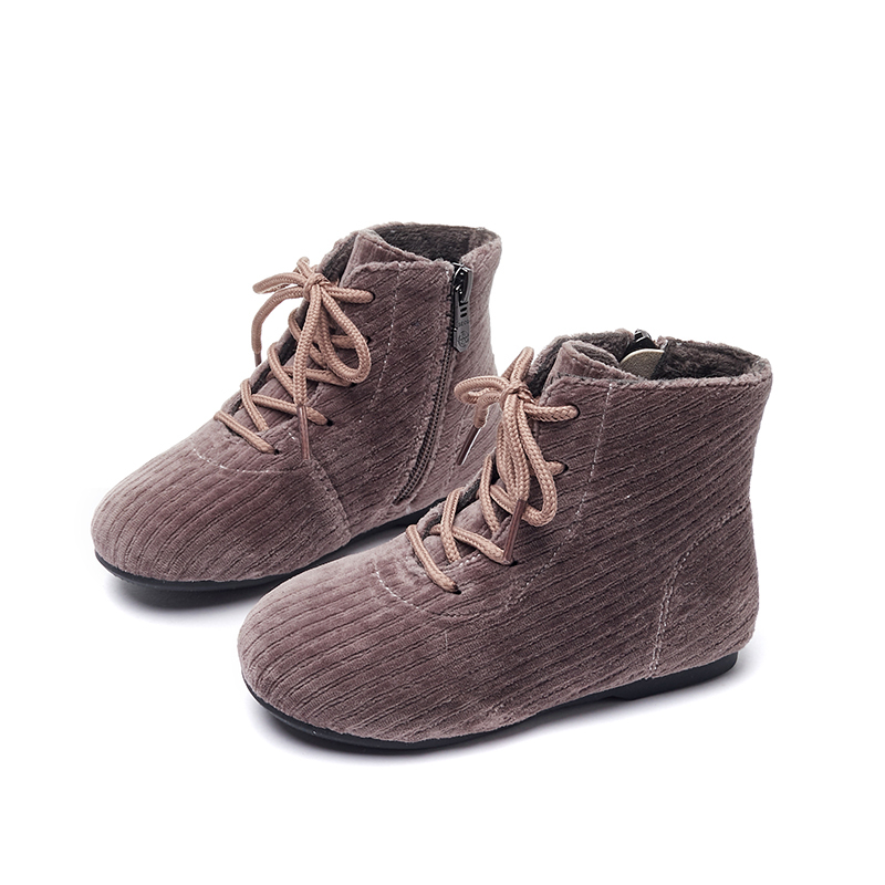 Lace up corduroy velvet soft kid girls boots zip up closure fluffy comfy kid winter shoes