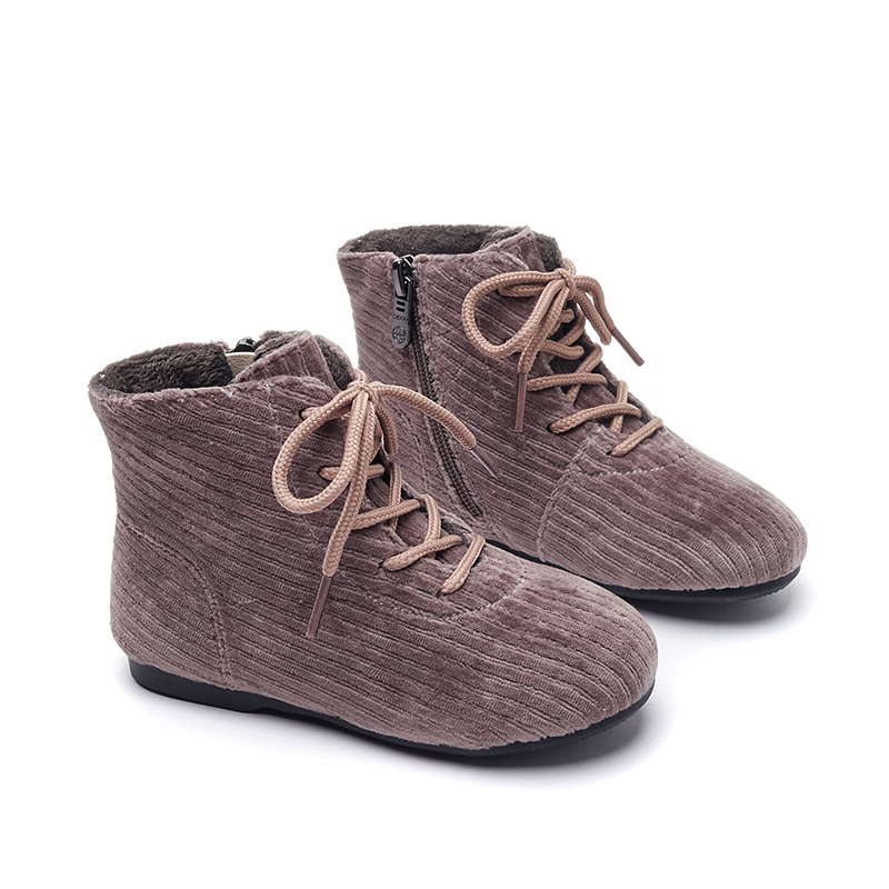 Lace up corduroy velvet soft kid girls boots zip up closure fluffy comfy kid winter shoes