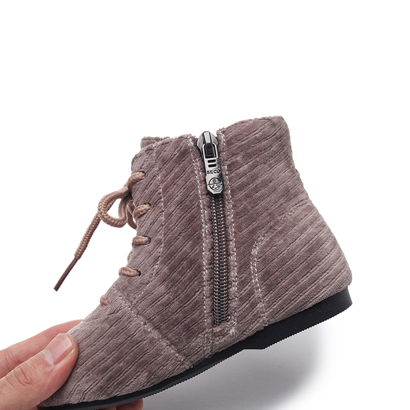 Lace up corduroy velvet soft kid girls boots zip up closure fluffy comfy kid winter shoes