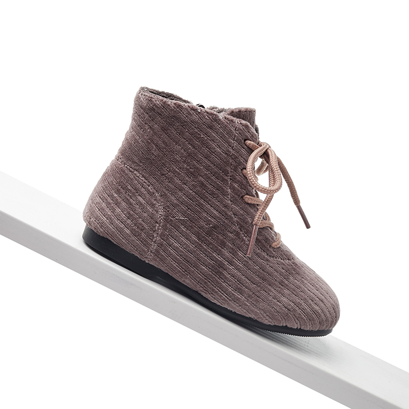 Lace up corduroy velvet soft kid girls boots zip up closure fluffy comfy kid winter shoes