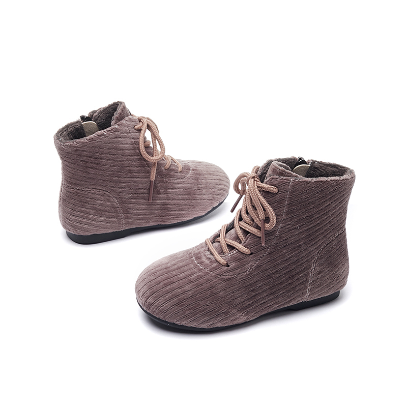 Lace up corduroy velvet soft kid girls boots zip up closure fluffy comfy kid winter shoes