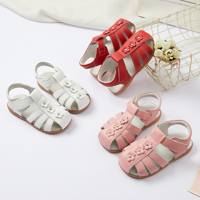 Genuine leather T strap children girl flat floral sandals