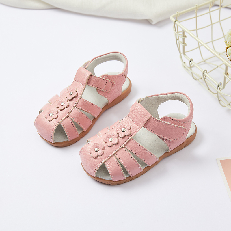 Genuine leather T strap children girl flat floral sandals