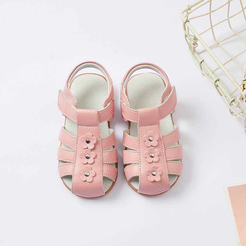 Genuine leather T strap children girl flat floral sandals