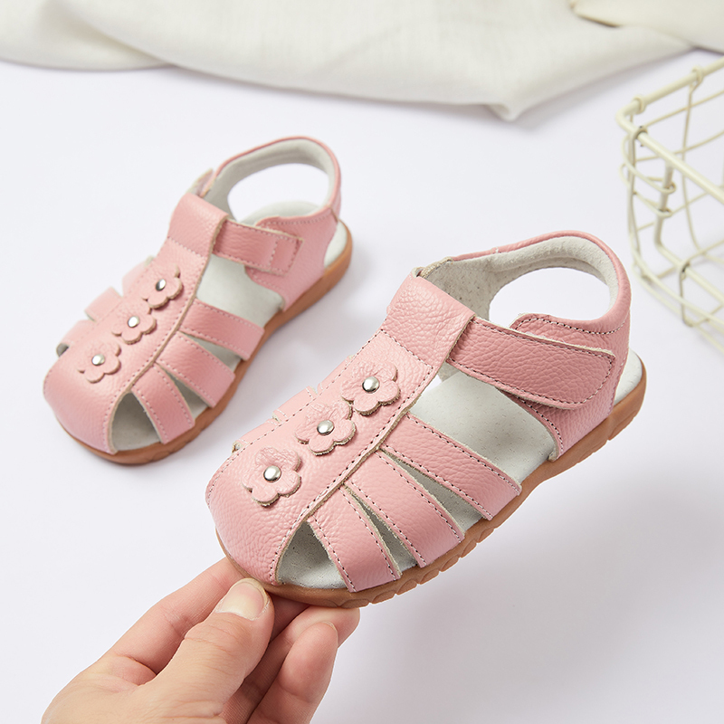 Genuine leather T strap children girl flat floral sandals