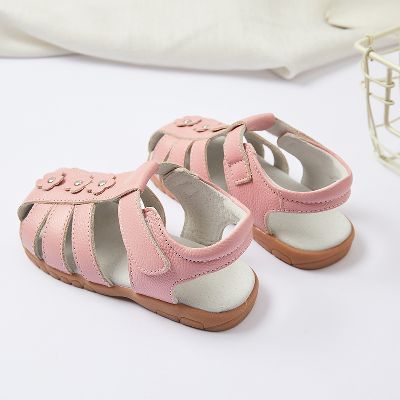 Genuine leather T strap children girl flat floral sandals