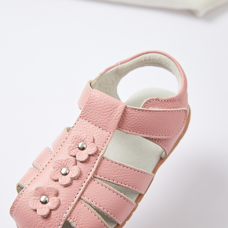 Genuine leather T strap children girl flat floral sandals