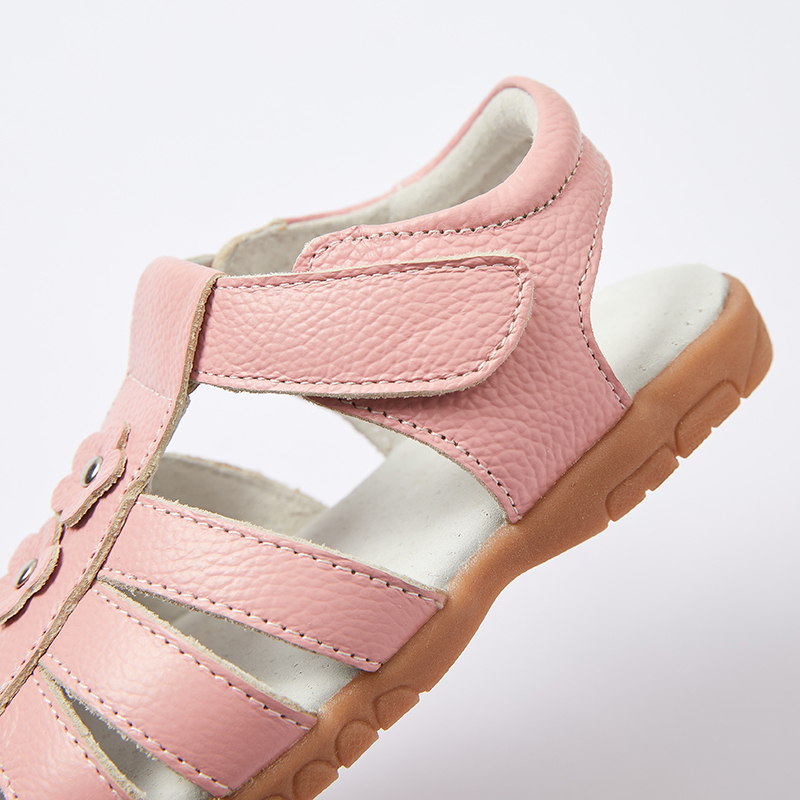 Genuine leather T strap children girl flat floral sandals