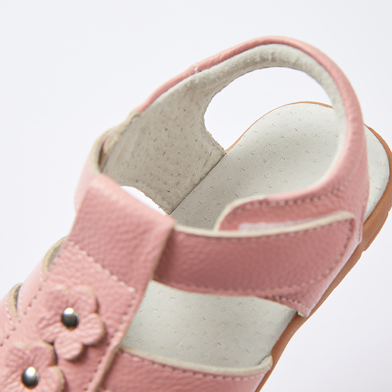 Genuine leather T strap children girl flat floral sandals