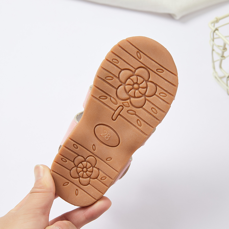 Genuine leather T strap children girl flat floral sandals