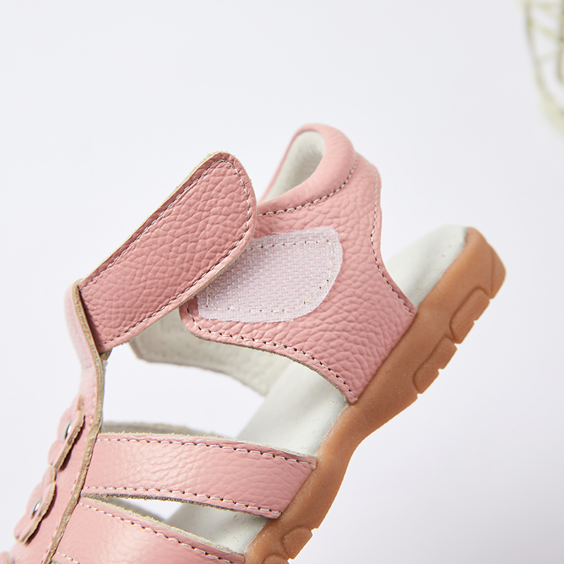 Genuine leather T strap children girl flat floral sandals