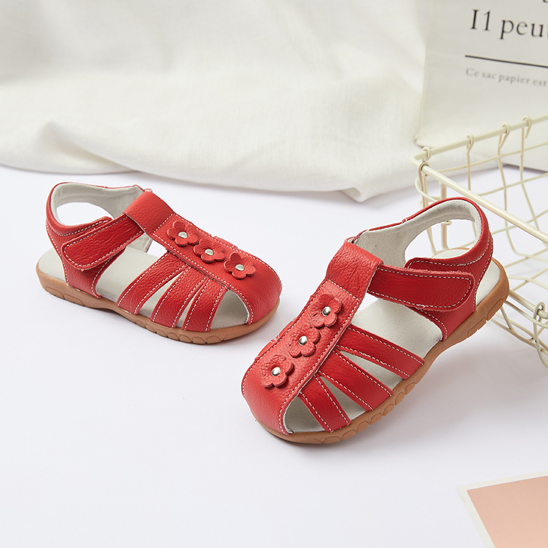 Genuine leather T strap children girl flat floral sandals