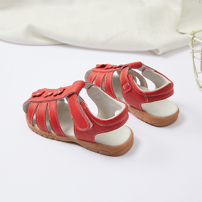 Genuine leather T strap children girl flat floral sandals