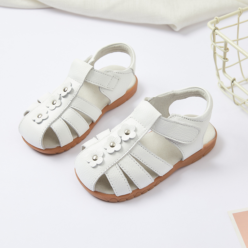 Genuine leather T strap children girl flat floral sandals