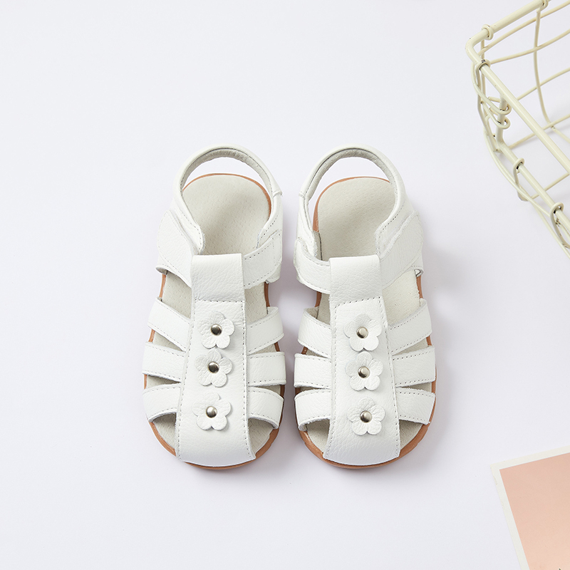 Genuine leather T strap children girl flat floral sandals