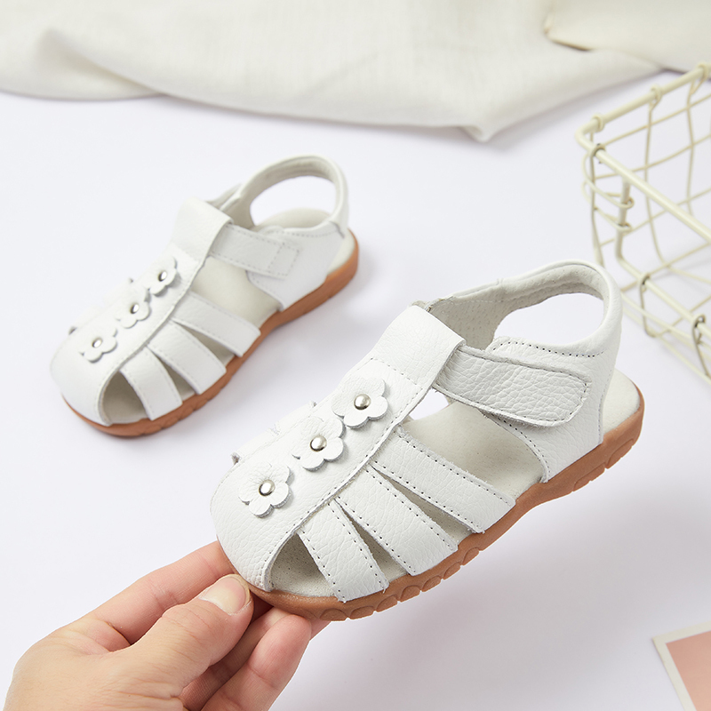 Genuine leather T strap children girl flat floral sandals