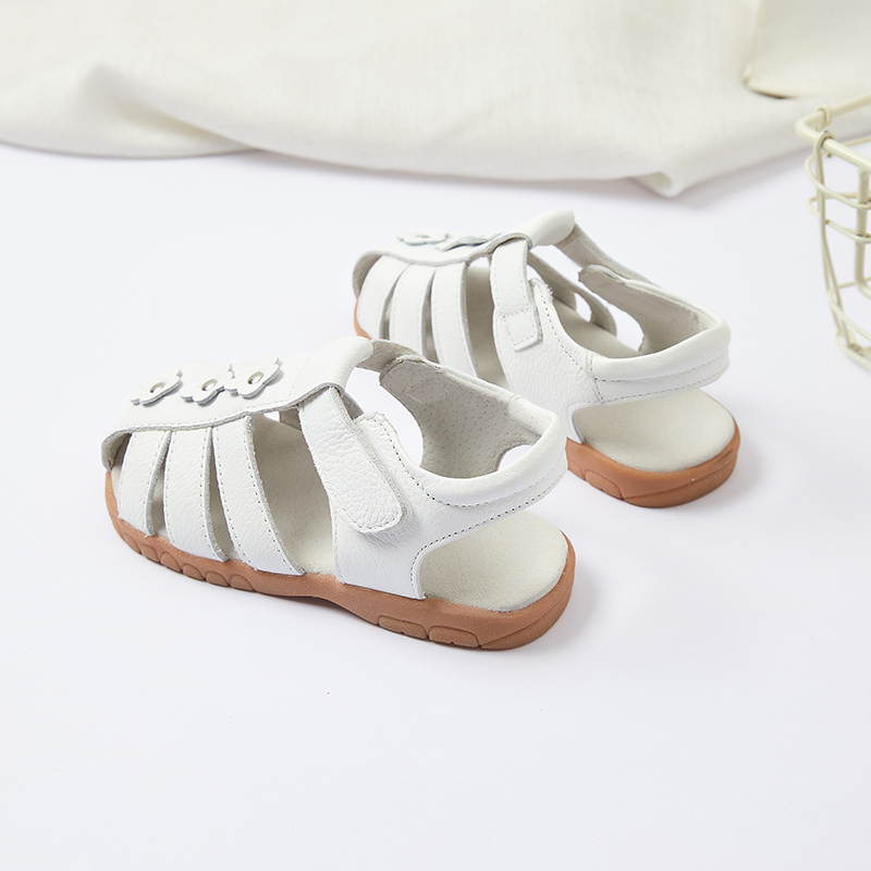 Genuine leather T strap children girl flat floral sandals