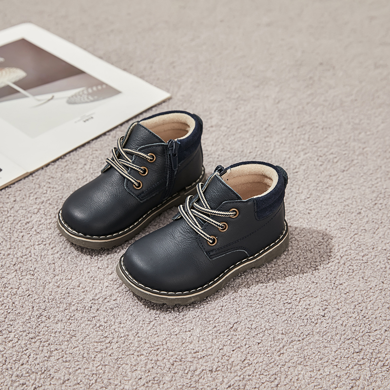 Boys Genuine Leather Ankle Boots with Side Zipper and Lace-Up – Autumn Winter Toddler Shoes