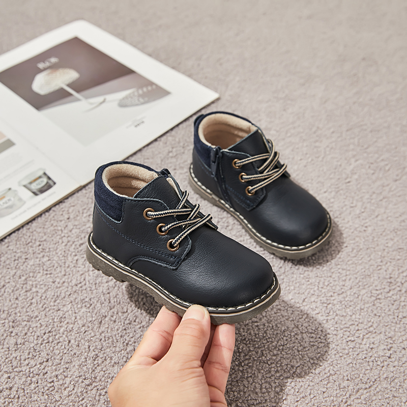 Boys Genuine Leather Ankle Boots with Side Zipper and Lace-Up – Autumn Winter Toddler Shoes