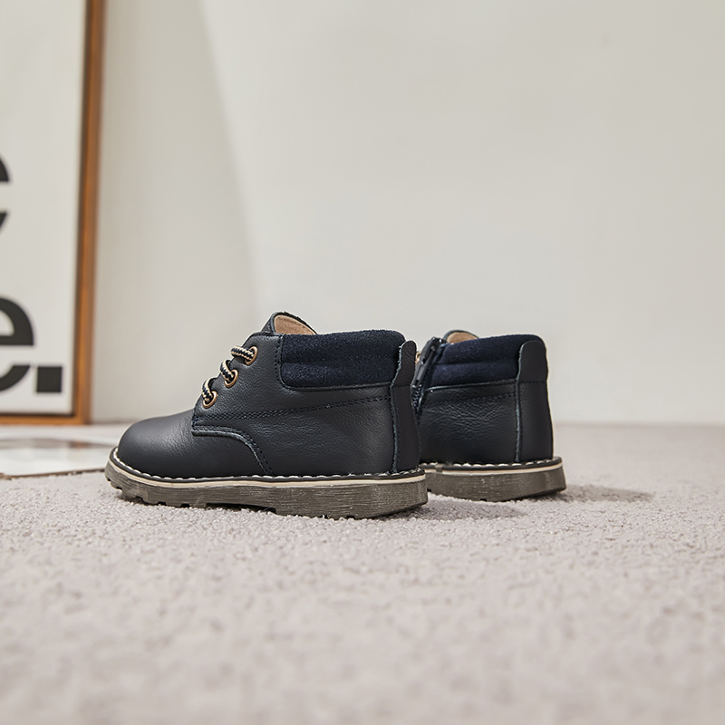 Boys Genuine Leather Ankle Boots with Side Zipper and Lace-Up – Autumn Winter Toddler Shoes