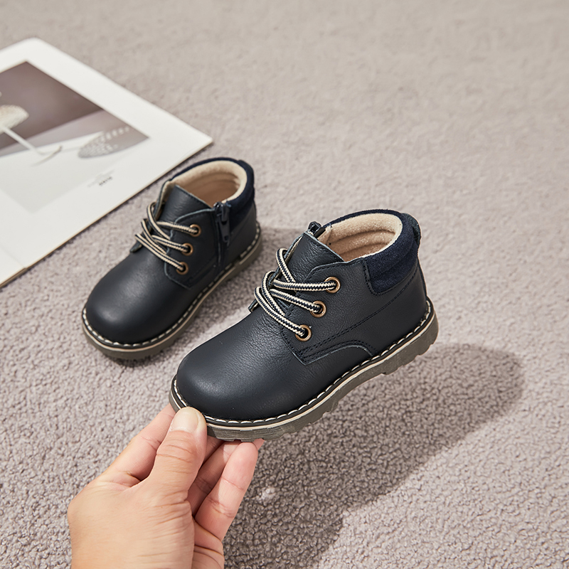 Boys Genuine Leather Ankle Boots with Side Zipper and Lace-Up – Autumn Winter Toddler Shoes