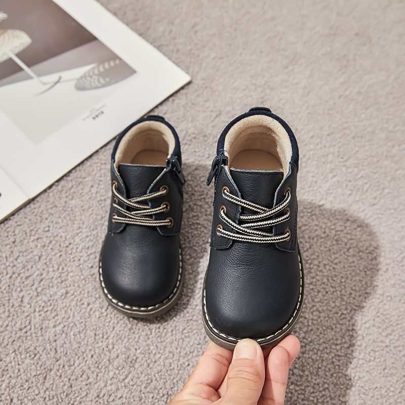 Boys Genuine Leather Ankle Boots with Side Zipper and Lace-Up – Autumn Winter Toddler Shoes