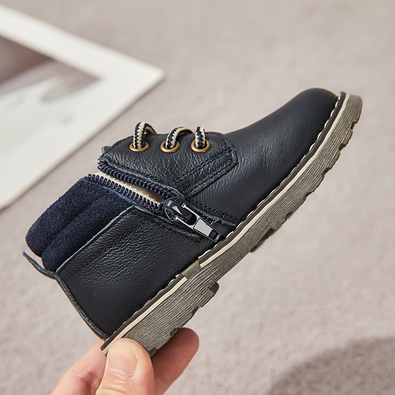 Boys Genuine Leather Ankle Boots with Side Zipper and Lace-Up – Autumn Winter Toddler Shoes