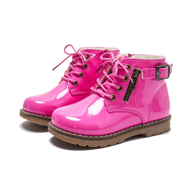 Girls' Winter Boots – Glossy Lace-Up Style with Side Zipper, Warm Plush Lining, Non-Slip TPR Sole – Stylish Cold Weather Shoes for Toddlers & Kids
