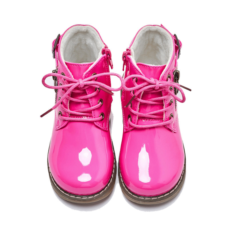 Girls' Winter Boots – Glossy Lace-Up Style with Side Zipper, Warm Plush Lining, Non-Slip TPR Sole – Stylish Cold Weather Shoes for Toddlers & Kids