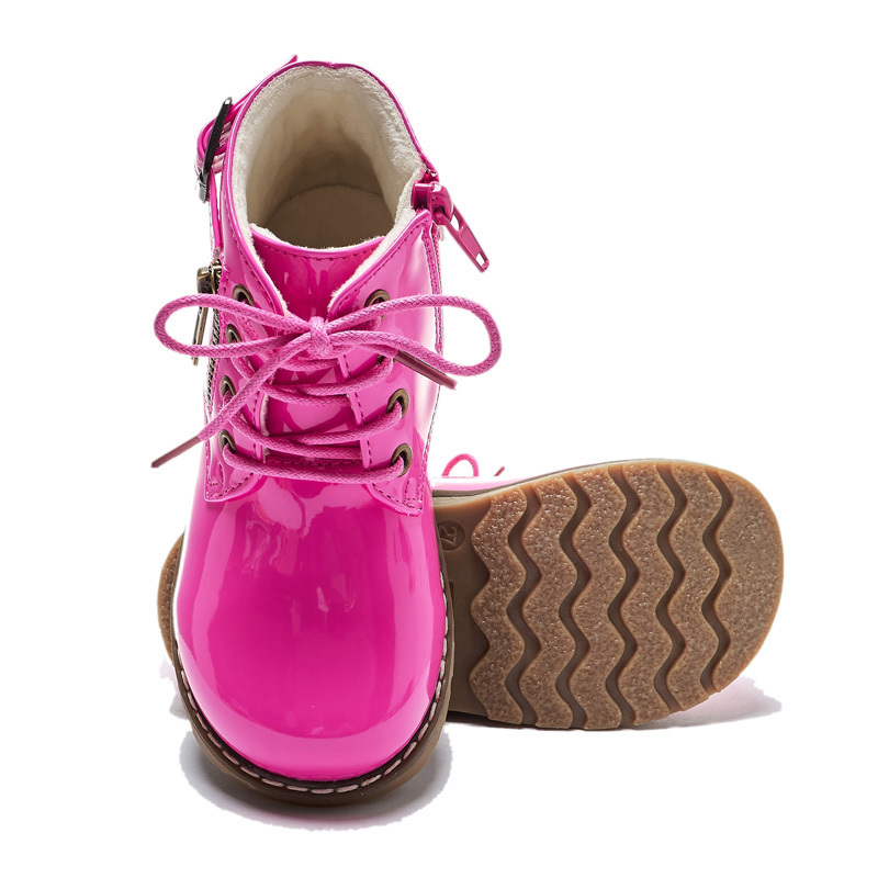 Girls' Winter Boots – Glossy Lace-Up Style with Side Zipper, Warm Plush Lining, Non-Slip TPR Sole – Stylish Cold Weather Shoes for Toddlers & Kids