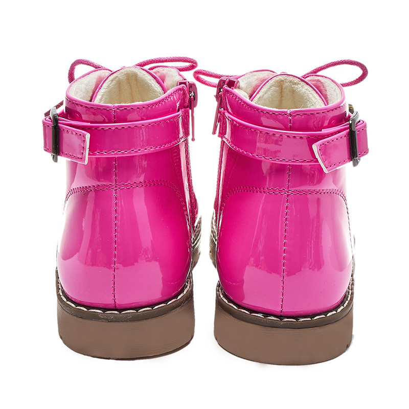 Girls' Winter Boots – Glossy Lace-Up Style with Side Zipper, Warm Plush Lining, Non-Slip TPR Sole – Stylish Cold Weather Shoes for Toddlers & Kids