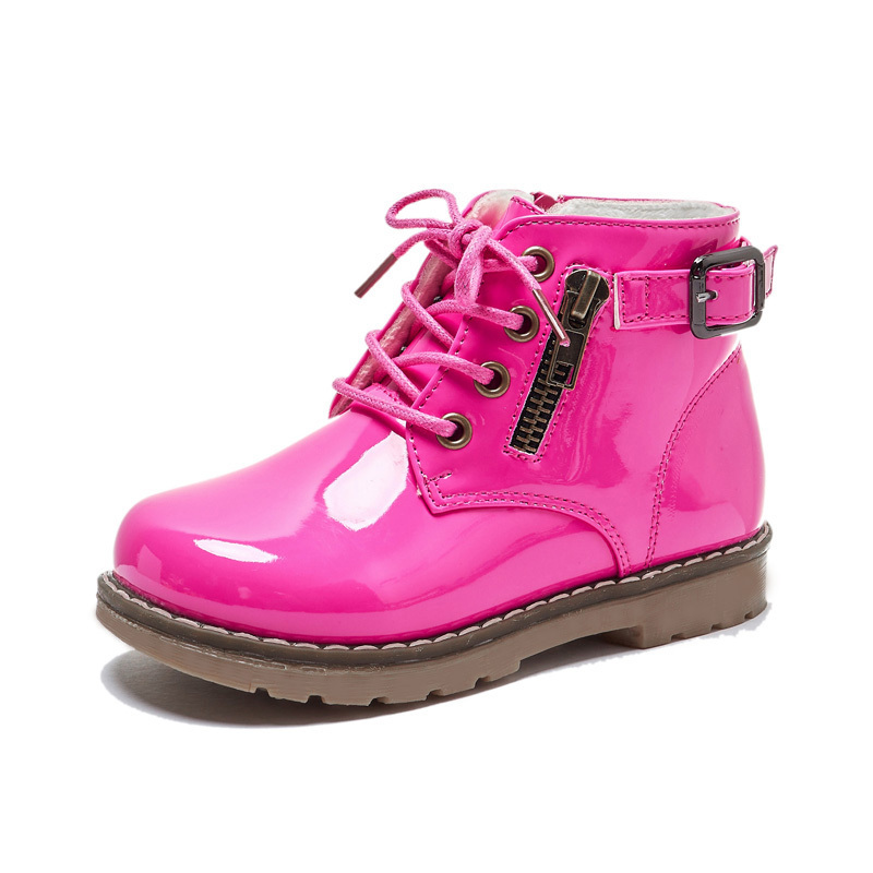 Girls' Winter Boots – Glossy Lace-Up Style with Side Zipper, Warm Plush Lining, Non-Slip TPR Sole – Stylish Cold Weather Shoes for Toddlers & Kids