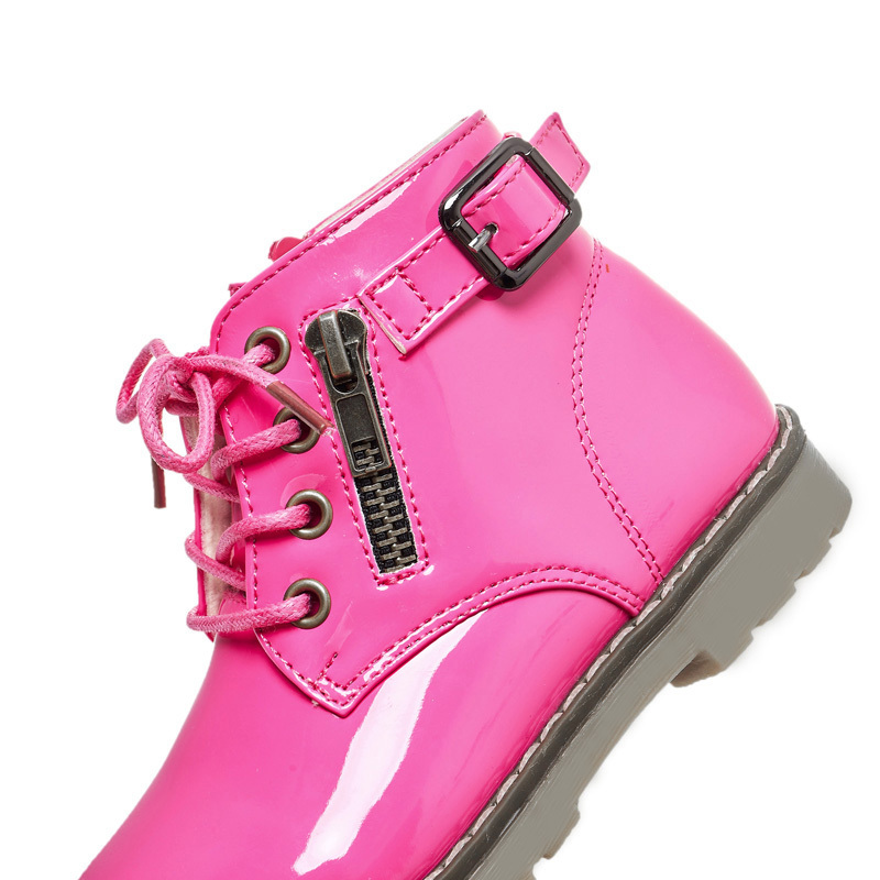 Girls' Winter Boots – Glossy Lace-Up Style with Side Zipper, Warm Plush Lining, Non-Slip TPR Sole – Stylish Cold Weather Shoes for Toddlers & Kids