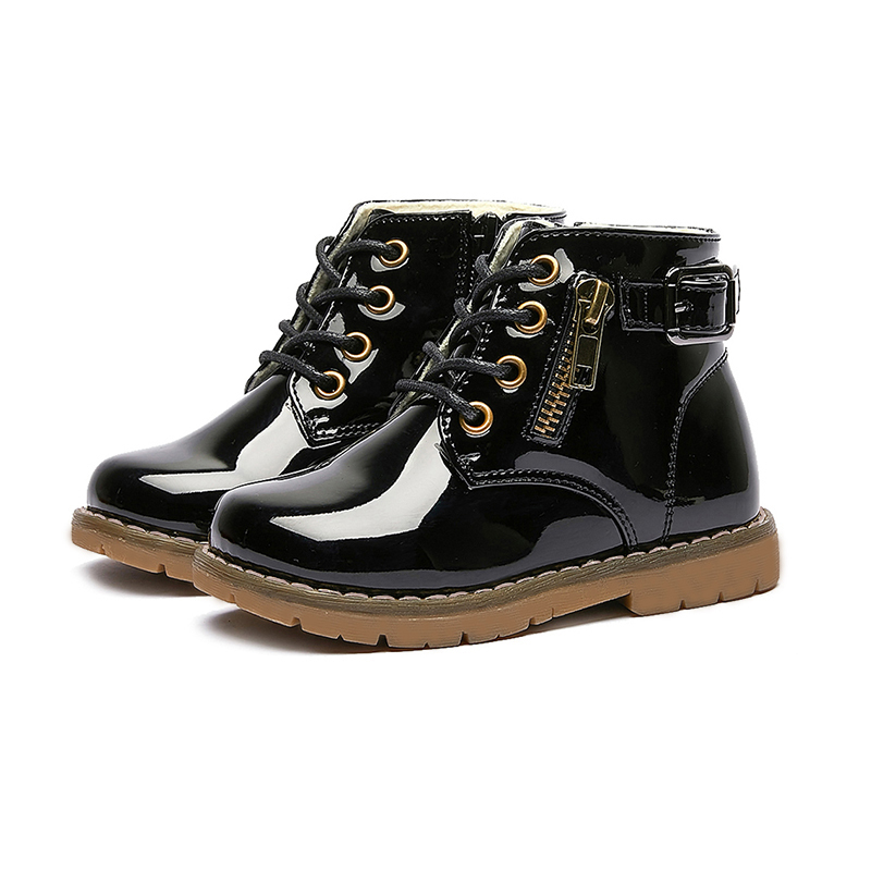 Girls' Winter Boots – Glossy Lace-Up Style with Side Zipper, Warm Plush Lining, Non-Slip TPR Sole – Stylish Cold Weather Shoes for Toddlers & Kids