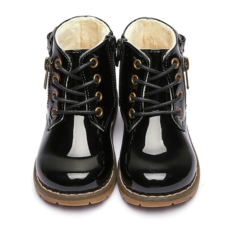 Girls' Winter Boots – Glossy Lace-Up Style with Side Zipper, Warm Plush Lining, Non-Slip TPR Sole – Stylish Cold Weather Shoes for Toddlers & Kids
