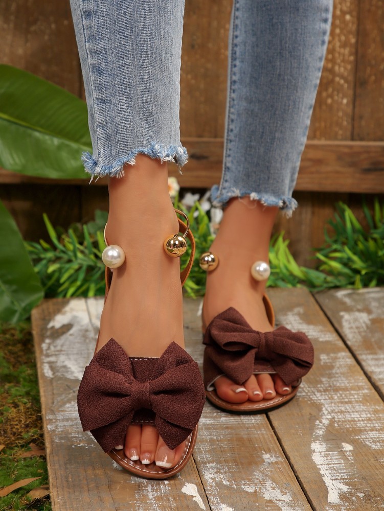 Women's Flat Sandals with Large Bow Open Toe Summer Casual Beach Shoes Beaded Elastic Strap Sandals