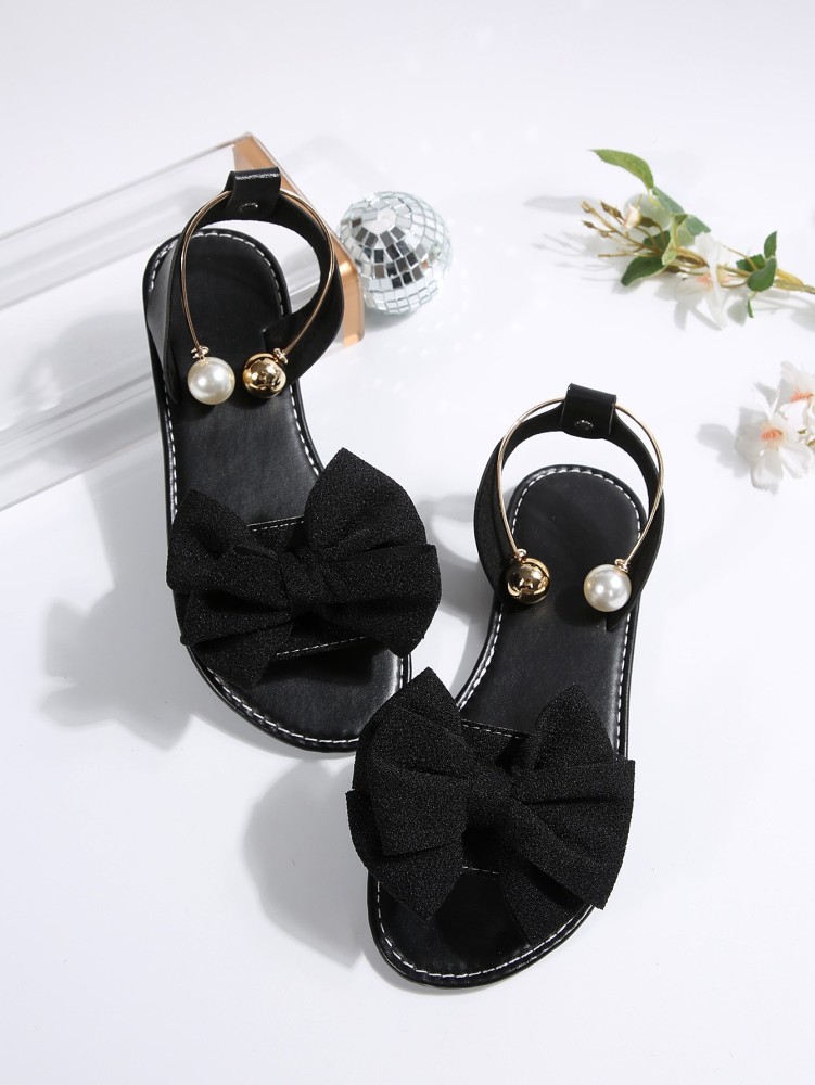 Women's Flat Sandals with Large Bow Open Toe Summer Casual Beach Shoes Beaded Elastic Strap Sandals