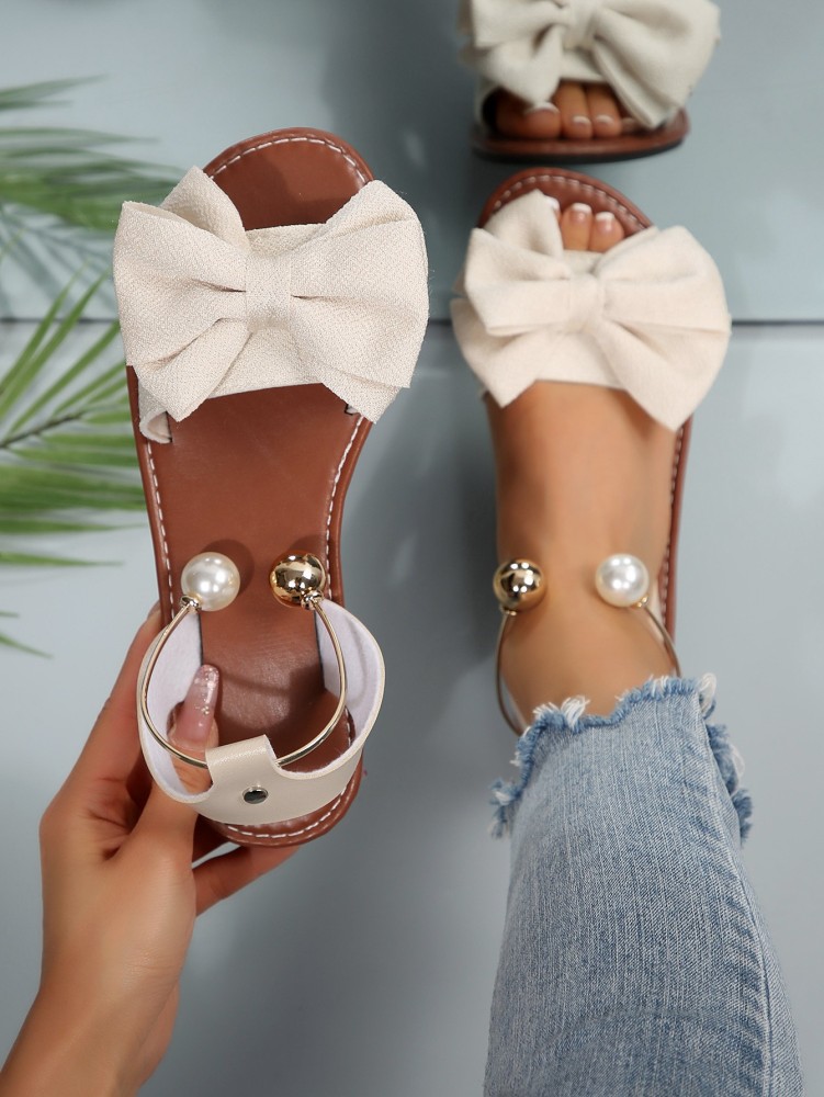 Women's Flat Sandals with Large Bow Open Toe Summer Casual Beach Shoes Beaded Elastic Strap Sandals