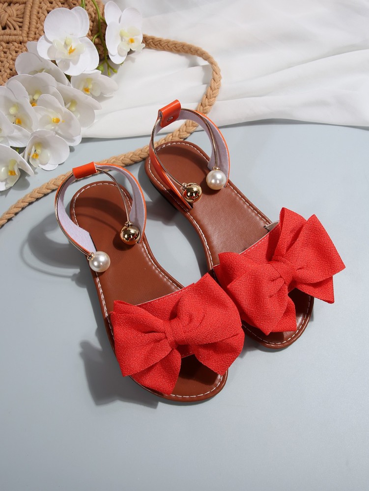Women's Flat Sandals with Large Bow Open Toe Summer Casual Beach Shoes Beaded Elastic Strap Sandals