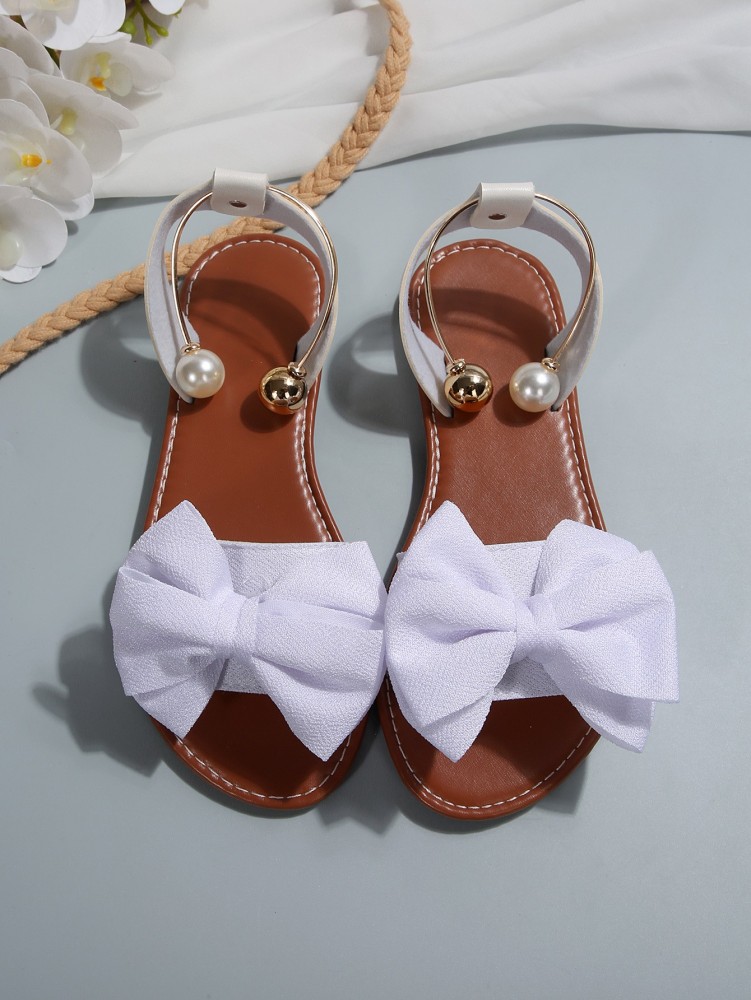 Women's Flat Sandals with Large Bow Open Toe Summer Casual Beach Shoes Beaded Elastic Strap Sandals