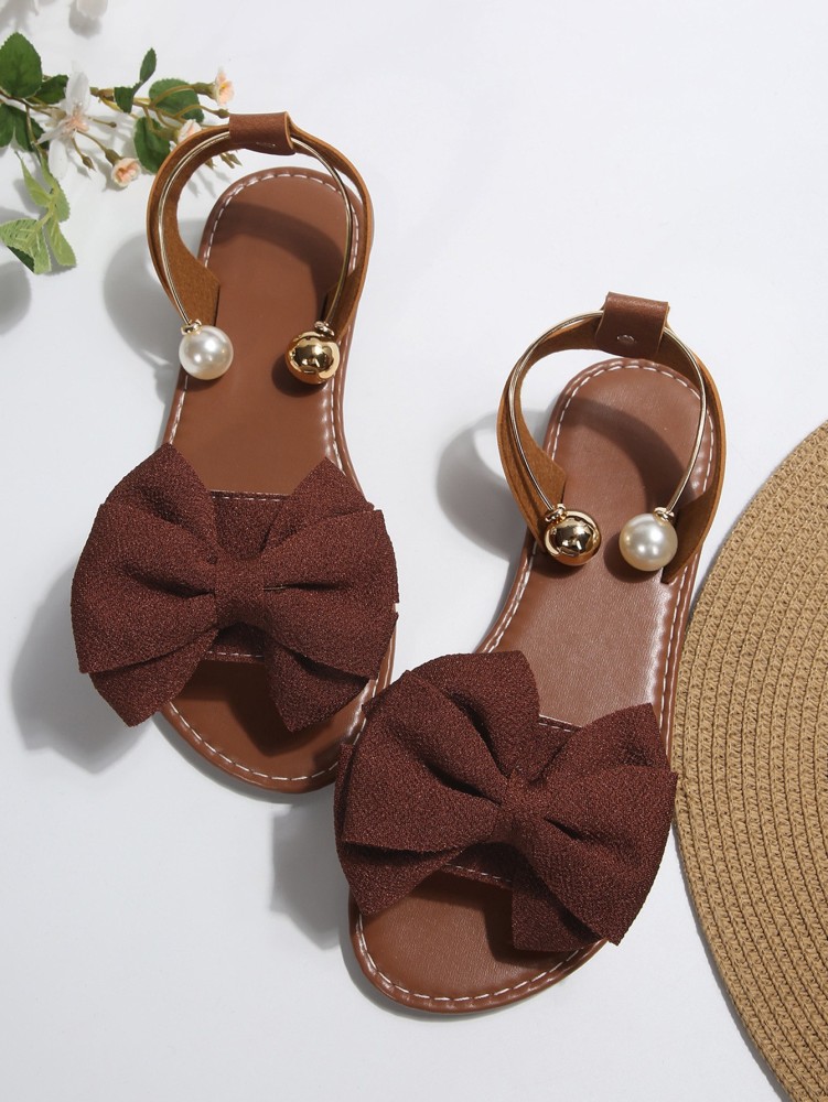 Women's Flat Sandals with Large Bow Open Toe Summer Casual Beach Shoes Beaded Elastic Strap Sandals