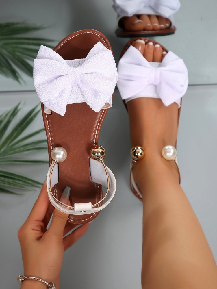 Women's Flat Sandals with Large Bow Open Toe Summer Casual Beach Shoes Beaded Elastic Strap Sandals
