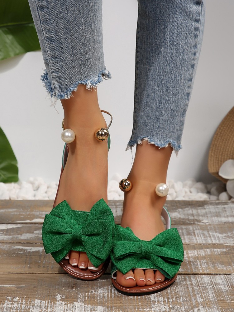 Women's Flat Sandals with Large Bow Open Toe Summer Casual Beach Shoes Beaded Elastic Strap Sandals