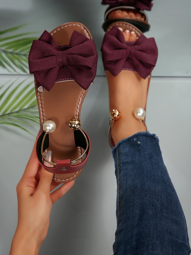 Women's Flat Sandals with Large Bow Open Toe Summer Casual Beach Shoes Beaded Elastic Strap Sandals