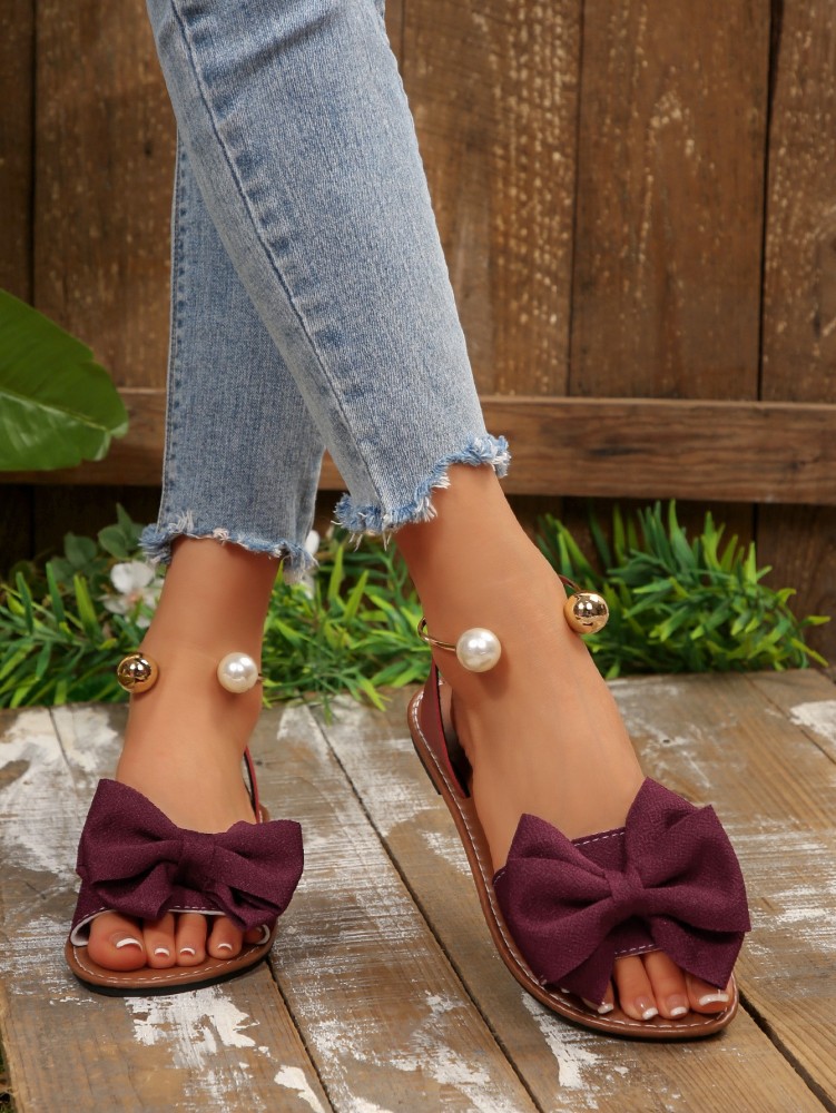 Women's Flat Sandals with Large Bow Open Toe Summer Casual Beach Shoes Beaded Elastic Strap Sandals