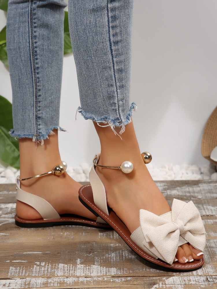 Women's Flat Sandals with Large Bow Open Toe Summer Casual Beach Shoes Beaded Elastic Strap Sandals