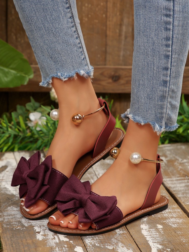 Women's Flat Sandals with Large Bow Open Toe Summer Casual Beach Shoes Beaded Elastic Strap Sandals