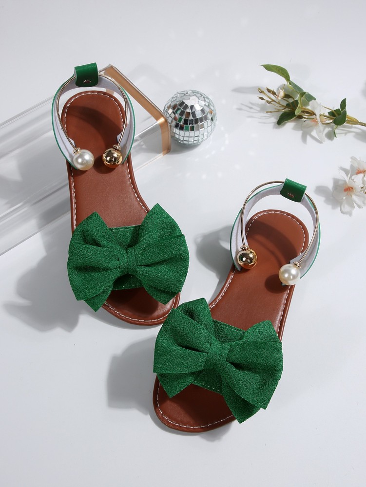 Women's Flat Sandals with Large Bow Open Toe Summer Casual Beach Shoes Beaded Elastic Strap Sandals